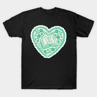 Sea Green Book in a Heart with Flowers T-Shirt